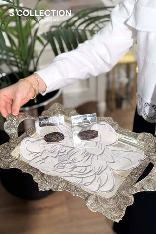 Charlotte Design Tray Cover - %100 Linen Fabric - Silver Embroidered