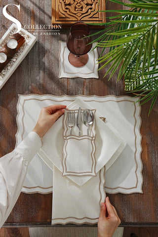 طقم مفارش سفرة - تصميم ليو - تطريز بنى فاتح (كابتشينو) - قماش مقاوم للماء - ٦ اشخاص - ٢٤ قطعة - طقم كامل  