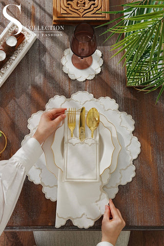 طقم مفارش سفرة - تصميم اوليفيا - تطريز ستون - قماش مقاوم للماء - ٦ اشخاص - ٢٤ قطعة - طقم كامل  