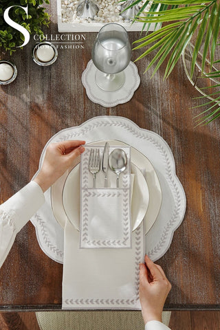 طقم مفارش سفرة - تصميم ليفى الور - تطريز فضى - قماش مقاوم للماء - ٦ اشخاص - ٢٤ قطعة - طقم كامل  