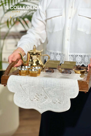 مفرش صينية - تصميم اهلا وسهلا - قماش كتان ١٠٠ % - تطريز اوف وايت