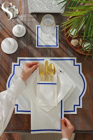 طقم مفارش سفرة - تصميم جراسفول - تطريز أرزق داكن - قماش مقاوم للماء - ٦ اشخاص - ٢٤ قطعة - طقم كامل  