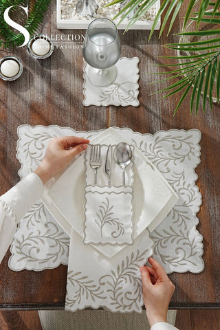 طقم مفارش سفرة - تصميم  زهرة الليلك - تطريز فضى لامع - قماش مقاوم للماء -  ٦  اشخاص -  ٢٤ قطعة - طقم كامل  