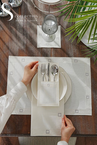 Tuscan Off White and Silver Design Placemat Set - 6 Persons - Waterproof Fabric - 24 Pcs. Full Set