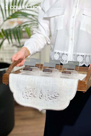 مفرش صينية - تصميم صحة وعافية - قماش كتان ١٠٠ % - تطريز فضى