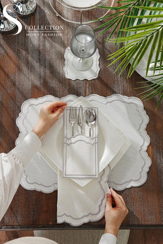 طقم مفارش سفرة - تصميم جابرييل - تطريز فضى - قماش مقاوم للماء - ٦ اشخاص - ٢٤ قطعة - طقم كامل  