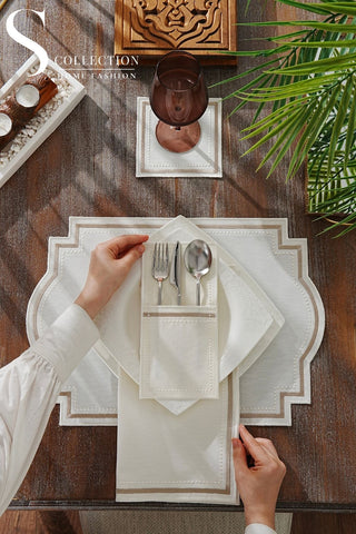 طقم مفارش سفرة - تصميم جراسفول - تطريز بني فاتح (كابتشينو) - قماش مقاوم للماء - ٦ اشخاص - ٢٤ قطعة - طقم كامل  