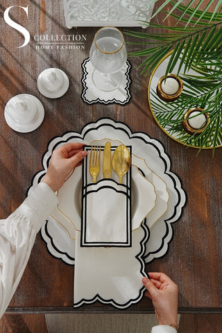 طقم مفارش سفرة - تصميم جوري - تطريز أسود - قماش مقاوم للماء - ٦ اشخاص - ٢٤ قطعة - طقم كامل  