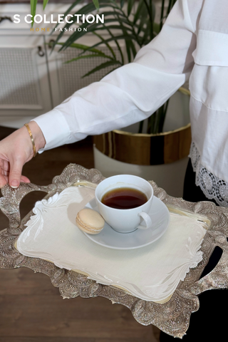 Tulip Design Tray Cover - %100 Linen Fabric - Off White Embroidered