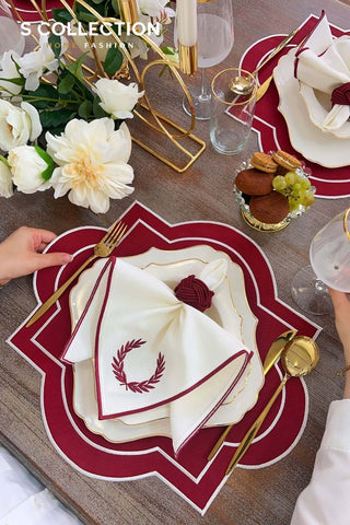 Milan Design Embroidered Placemat Set - Red Colour Waterproof Fabric - 6 Persons - 18 Pcs.