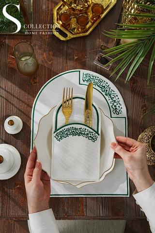 Ramadan Noor Design Placemat and Cutlery Pocket Set - Green and Off White Embroidery - Waterproof Fabric - 12 pcs (6 Persons)