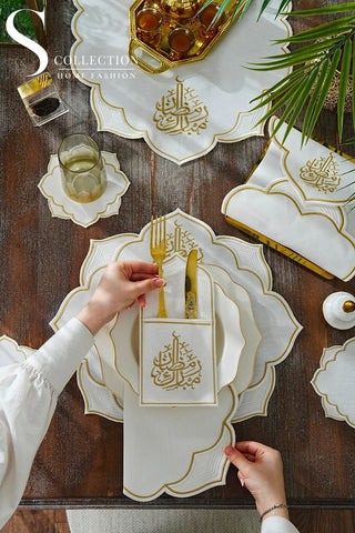 Ramadan Najma Design Gold Full Placemat Set - With Bread Basket Napkin and Runner - 6 Persons - 26 Pcs.