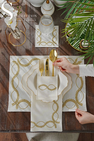Olive Branch Gold Design Placemat Set - Waterproof Fabric - 6 Persons - 24 Pcs. Full Set
