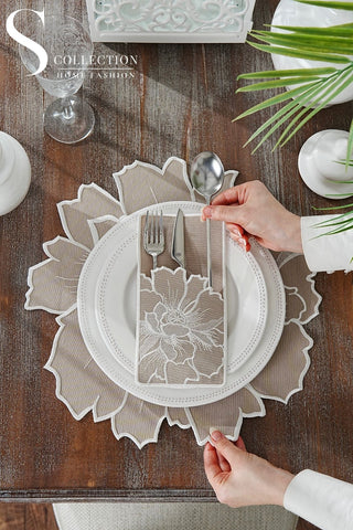 Eloise Design Embroidered Placemat Set - Cappucino Colour Waterproof Fabric - 6 Persons - 12 Pcs.