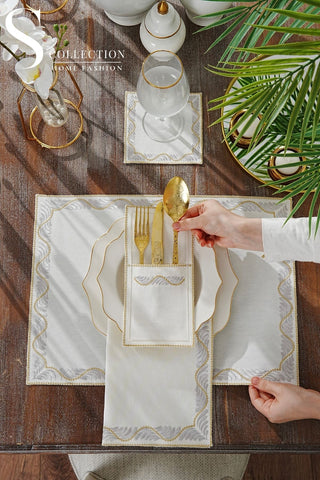 طقم مفارش سفرة - تصميم أوشن - تطريز فضى وذهبى - قماش مقاوم للماء - ٦ اشخاص - ٢٤ قطعة - طقم كامل  