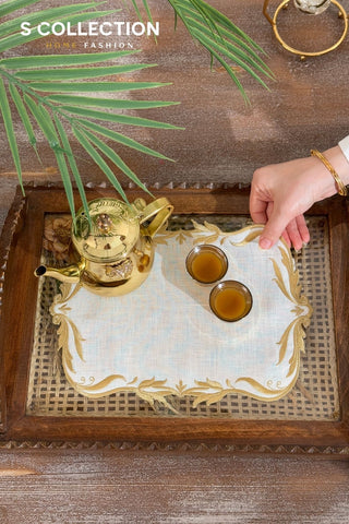 Tulip Design Tray Cover - %100 Linen Fabric - Gold Embroidered