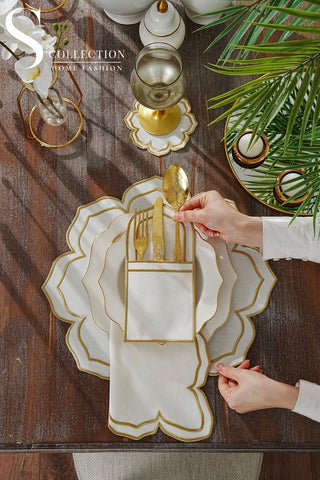 طقم مفارش سفرة - تصميم فاليرا - تطريز ذهبى - قماش مقاوم للماء - ٦ اشخاص - ٢٤ قطعة - طقم كامل  