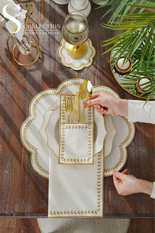 Leafy Allure Gold Design Placemat Set - Waterproof Fabric - 6 Persons - 24 Pcs. Full Set