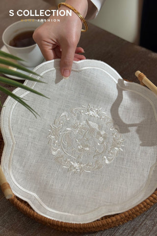 Bouquet Design Tray Cover - %100 Linen Fabric - Off White Embroidered