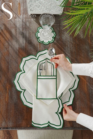 طقم مفارش سفرة - تصميم فاليرا - تطريز اخضر - قماش مقاوم للماء - ٦ اشخاص - ٢٤ قطعة - طقم كامل  