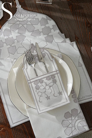 Ramadan Dome Design Silver Placemat Set - Waterproof Fabric - 6 Persons - 24 Pcs. Full Set