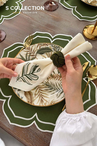 Valeria Design Embroidered Placemat Set - Green Colour Waterproof Fabric - 6 Persons - 18 Pcs.