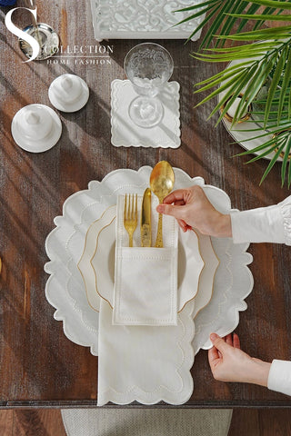 Tansy Off White  Design Placemat Set - Waterproof Fabric - 6 Persons - 24 Pcs. Full Set