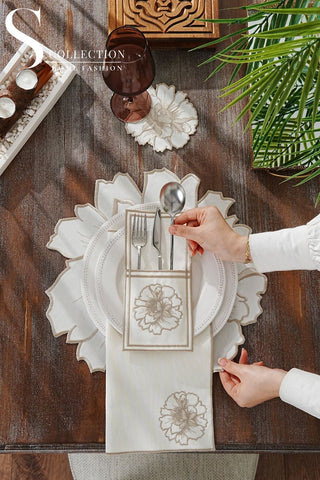 Eloise Cappuccino Design Placemat Set - Waterproof Fabric - 6 Persons - 24 Pcs. Full Set