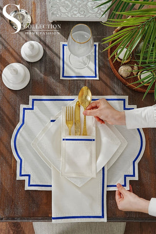 طقم مفارش سفرة - تصميم جراسفول - تطريز أرزق داكن - قماش مقاوم للماء - ٦ اشخاص - ٢٤ قطعة - طقم كامل  