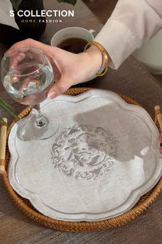 Bouquet Design Tray Cover - %100 Linen Fabric - Silver Embroidered