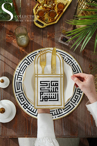 Ramadan Kareem Design Black and Gold Placemat and Cultery Pocket Set -Waterproof Fabric - 6 Persons - 12 Pcs.