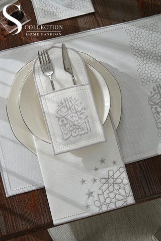 Ramadan Design Silver Chic Placemat Set - Waterproof Fabric - 6 Persons - 24 Pcs. Set