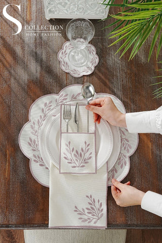 طقم مفارش سفرة - تصميم شانتال - تطريز وردى - قماش مقاوم للماء - ٦ اشخاص - ٢٤ قطعة - طقم كامل  