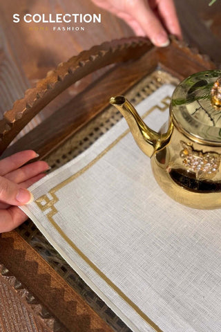 Classy Design Tray Cover - %100 Linen Fabric - Gold Embroidered
