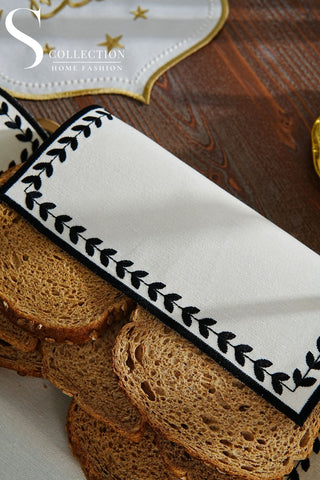 Leafy Allure Design Bread Basket Napkin - Waterproof Fabric - Black Embroidered