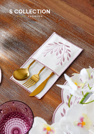 طقم مفارش سفرة - تصميم شانتال - تطريز وردى - قماش مقاوم للماء - ٦ اشخاص - ٢٤ قطعة - طقم كامل  