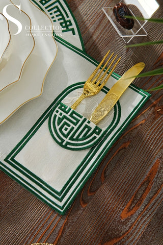 Layali Design Ramadan Collection Placemat - Green Embroidered - Waterproof Fabric -12 Persons - 12 Pcs.