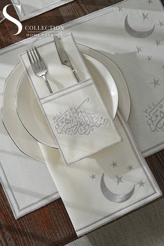Ramadan Design Silver Stellar Serenity Placemat Set -Waterproof Fabric - 6 Persons - 24 Pcs. Full Set