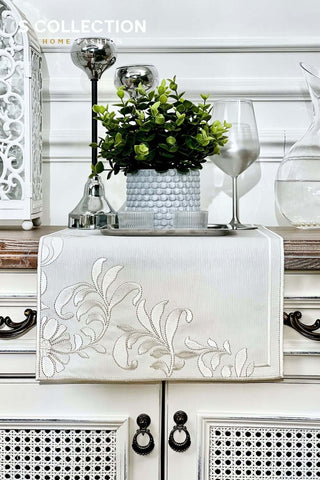 Magnolia Magic Design Runner - Waterproof Fabric - Off White and Silver Embroidered