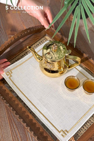 Classy Design Tray Cover - %100 Linen Fabric - Gold Embroidered