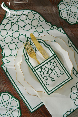 Ramadan Dome Design Green and Off White Placemat Set - Waterproof Fabric - 6 Persons - 24 Pcs. Full Set
