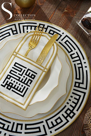 Ramadan Kareem Design Black and Gold Placemat and Cultery Pocket Set -Waterproof Fabric - 6 Persons - 12 Pcs.