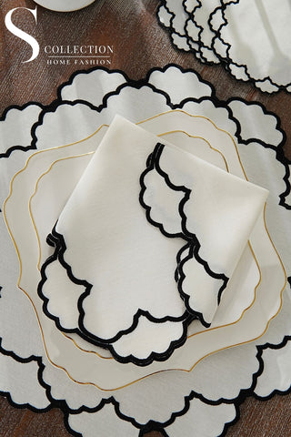 Olivia Black Design Placemat Set - Waterproof Fabric - 6 Persons - 24 Pcs. Full Set