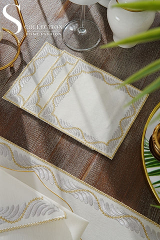 طقم مفارش سفرة - تصميم أوشن - تطريز فضى وذهبى - قماش مقاوم للماء - ٦ اشخاص - ٢٤ قطعة - طقم كامل  