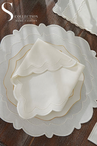 Tansy Off White  Design Placemat Set - Waterproof Fabric - 6 Persons - 24 Pcs. Full Set