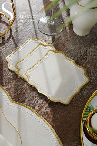 Alice Gold and Off White Design Placemat Set - Waterproof Fabric - 6 Persons - 24 Pcs. Full Set