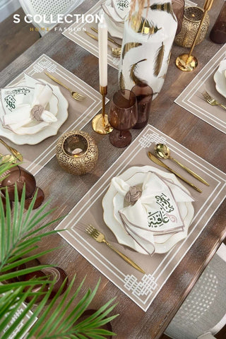 طقم مفارش أطباق سفرة مطرز - تصميم صحة وعافية - قماش لون بنى فاتح (كابتشينو) - مقاوم للماء - ٦ اشخاص - ١٨ قطعة 