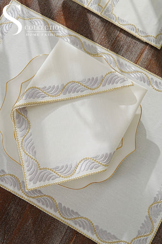 طقم مفارش سفرة - تصميم أوشن - تطريز فضى وذهبى - قماش مقاوم للماء - ٦ اشخاص - ٢٤ قطعة - طقم كامل  