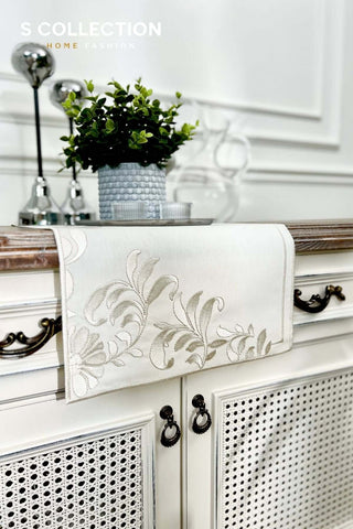 Magnolia Magic Design Runner - Waterproof Fabric - Off White and Silver Embroidered