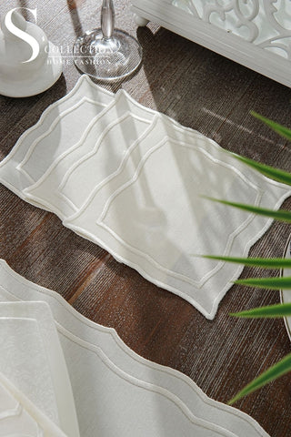 Leo Off White Design Placemat Set - Waterproof Fabric - 6 Persons - 24 Pcs. Full Set